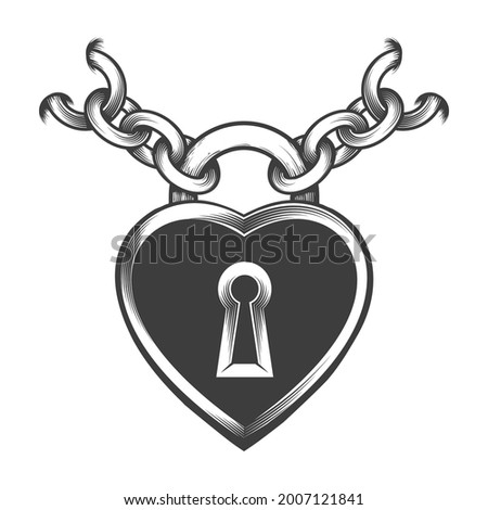 Tattoo of Heart Shaped Lock and Chains drawn in engraving style. Vector ilustration.