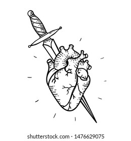 Tattoo heart and sword and dagger. Traditional black dot style ink. Heart Isolated vector illustration. Traditional Tattoo Old School Tattooing Style Ink.