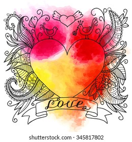 Tattoo with heart and two birds on a watercolor background, vector illustration