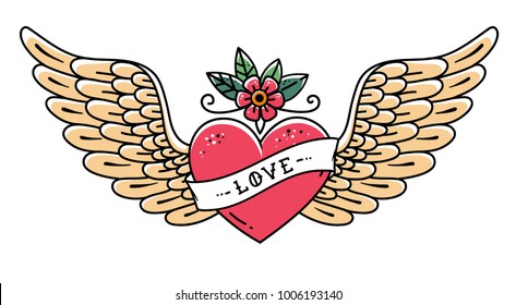 Tattoo Heart With Wings, Flower And Ribbon With Lettering Love. Old School Style. Flying Heart. Line Art Drawing.