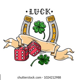 Tattoo horseshoe with dice, ribbon and shamrock clover. Good Luck tattoo. Symbol of luck in gambling and life. Old school style.