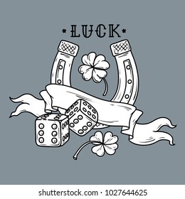 Tattoo horseshoe with dice, ribbon and shamrock clover. Good Luck tattoo. Symbol of luck in gambling and life. Old school style. Black and white illustration