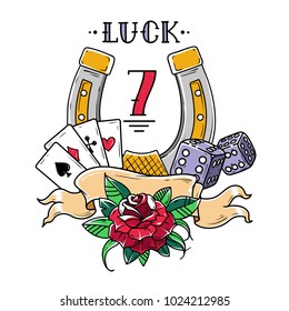 Tattoo horseshoe with playing cards, dice, rose andfatal number 13. Good Luck tattoo. Symbol of luck in gambling Old school style.