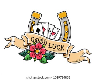 Tattoo horseshoe, ribbon, flower and playing cards. Good Luck tattoo. Old school style. Lucky symbol.