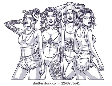 Tattoo hot girls monochrome emblem portrait cocky girl friends in swimsuits or tank tops posing for fashion magazine vector illustration