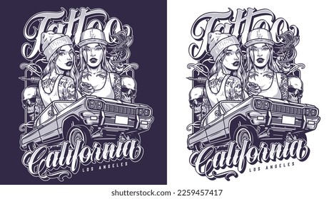 Tattoo hot girls monochrome flyer with car for racing or lowriding in California and woman Chicano style vector illustration