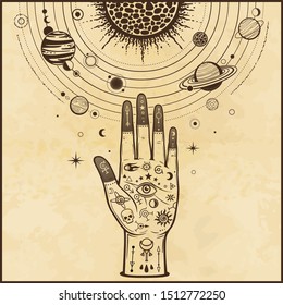 Tattoo human hand holds a stylized solar system, cosmic symbols, stars. Magic, alchemy,mysticism, occult. Background - imitation of old paper. Vector Illustration. Print, poster, T-shirt, postcard.