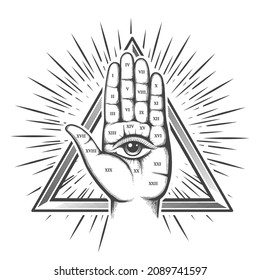Tattoo of Human Palm with All seeing Eye of Providence inside Triangle. Vector Illustration.