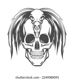 Tattoo of Human Skull in Bird Skull Headdress isolated on white background. Vector illustration.