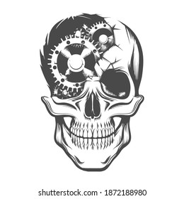 Tattoo of Human Skull with broken Clockwork Gears Inside. Vector illustration.