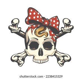 Tattoo of Human Skull in a Head Bow and Crossbones isolated on white. Vector illustration.