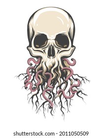 Tattoo of Human Skull with Roots and Worms isolated on white. vector tattoo.