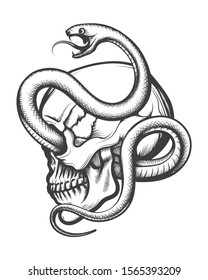 Tattoo Human Skull in side view Entwined By Snake drawn in Engraving style  Vector Illustration