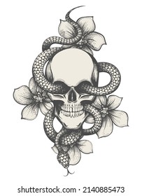 Tattoo of human skull with snake and flowers isolated on white. Vector illustration.