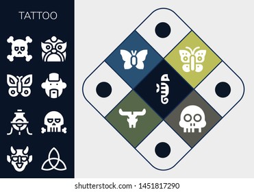 tattoo icon set. 13 filled tattoo icons.  Collection Of - Seahorse, Hannya, Triquetra, Alchemy, Skull, Butterfly, Punk, Dragon