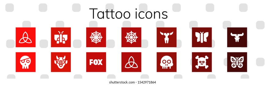 tattoo icon set. 14 filled tattoo icons.  Collection Of - Triquetra, Skull, Butterfly, Hannya, Spider web, Fox icons