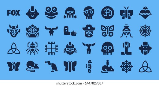 tattoo icon set. 32 filled tattoo icons. on blue background style Simple modern icons about  - Fox, Hannya, Triquetra, Butterfly, Punk, Dragon, Spider, Rat, Frog, Skull, Gnosticism