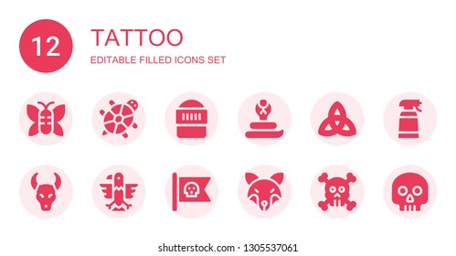 tattoo icon set. Collection of 12 filled tattoo icons included Butterfly, Tortoise, Warrior, Cobra, Triquetra, Skull, Eagle, Pirate flag, Fox, Desinfectant