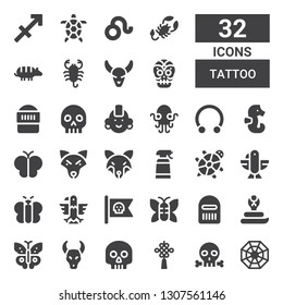 tattoo icon set. Collection of 32 filled tattoo icons included Pagan, Skull, Chinese knot, Butterfly, Cobra, Warrior, Pirate flag, Eagle, Tortoise, Desinfectant, Fox, Wolf, Seahorse