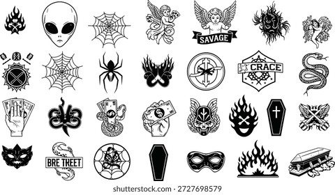 Ícone de tatuagem definido com elementos góticos, sobrenaturais e simbólicos para conteúdo de design ousado, escuro e alternativo