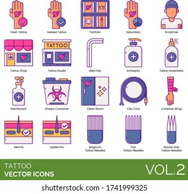 Tattoo icons including fresh, healed, portfolio, saturation, scratcher, shop, studio, allen key, antiseptic, anesthetic, disinfectant, sharps container, clean room, clip cord, cohesive wrap, dermis.