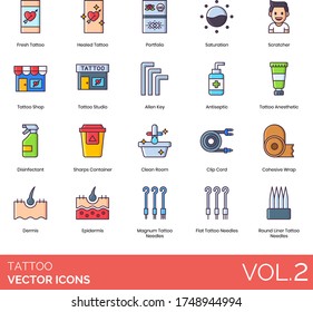 Tattoo icons including fresh, healed, portfolio, saturation, scratcher, shop, studio, allen key, antiseptic, anesthetic, disinfectant, sharps container, clean room, clip cord, cohesive wrap, dermis.