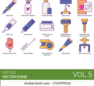 Tattoo icons including pen, skin cleanser, prep, stool, transfer paper, tip, amateur bar, thermal copier, machine binding screw, contact, practice, needle, grommet, paste, vise clamp.