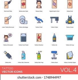 Tattoo icons including stick and poke, watercolor style, yakuza, hypertrophic scar, keloid, laser removal, bandage, chair, table, cover, enthusiast, foot pedal, infection, ink cup, pen, skin cleanser.