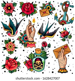 Tattoo icons pack. Old school traditional flash colored style. Swallow, rose, heart, hands, flowers, anchor, skull, bottle with potion isolated symbols.  Vector illustration