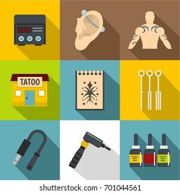 Tattoo icons set. Flat set of 9 tattoo vector icons for web with long shadow