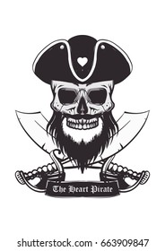 A tattoo idea of the Skull in the form of Pirate which has a heart shape on his hat.
