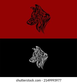 tattoo illustration design, black tribal isolated wolf head silhouette suitable for t-shirts, emblems, badges, stickers
