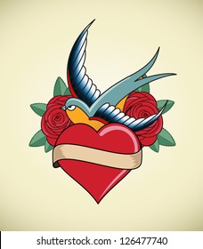 Tattoo Illustration Heart Roses Swallows Stock Vector (Royalty Free ...