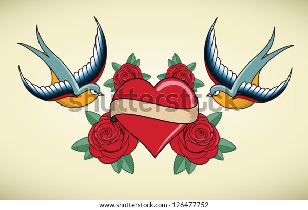 Tattoo Illustration Heart Roses Swallows Stock Vector (Royalty Free ...