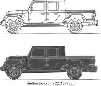 Tattoo illustration - Jeep line drawing in black and  white ink Conceptual design for Tattoo trending  