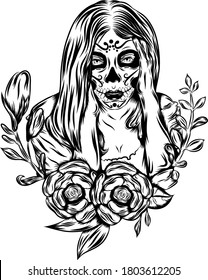 The tattoo illustration with scared beautiful of a day of the dead face art 