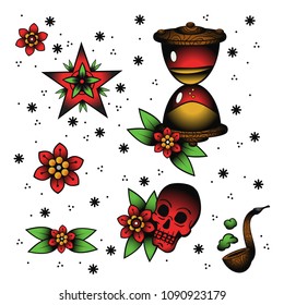Tattoo illustration set. Flash tattoo. American classic tattoo, retro style
