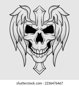 tattoo illustration and t shirt black and white skull and wing engraving ornament