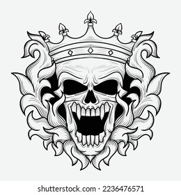tattoo illustration and t shirt black and white king skull engraving ornament
