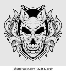 tattoo illustration and t shirt black and white wolf skull engraving ornament