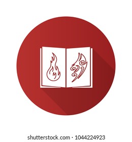 Tattoo images catalog flat design long shadow glyph icon. Tattooist's portfolio. Tattoos sketch book. Vector silhouette illustration
