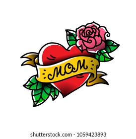 A tattoo with the inscription of Mom. A heart and flower tattoo with a flower. Tattoo in the style of the American old school. Vector flat tattoo. The illustration is isolated on a white background.  