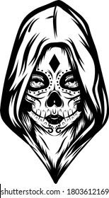 Tattoo inspiration of a day of the dead skull with the big hood