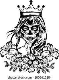 Inspiración en el tatuaje de los tatuajes de la reina del arte facial con corona y flor vintage