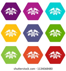 Tattoo iron icons 9 set coloful isolated on white for web