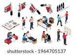 Tattoo isometric set of professional equipment album with various tattooing design style images tattooists at work isolated vector illustration