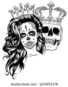 tatuaje del rey y reina de la muerte. Retrato de un cráneo y una chica con una corona.