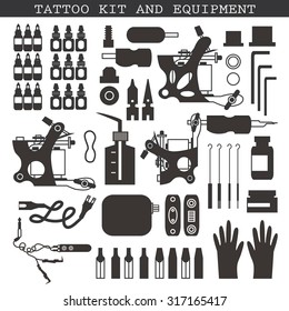 Tattoo kit and equipment. Tattoo machine, power box, clip and pedal, needles, grips and tools
