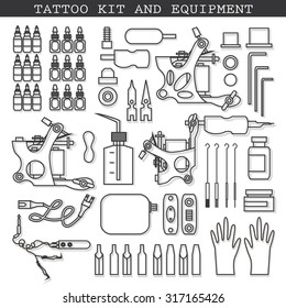 Tattoo kit and equipment. Tattoo machine, power box, clip and pedal, needles, grips and tools