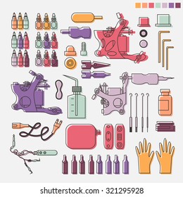 Tattoo kit and equipment. Tattoo machine, power box, clip and pedal, needles, grips and tools